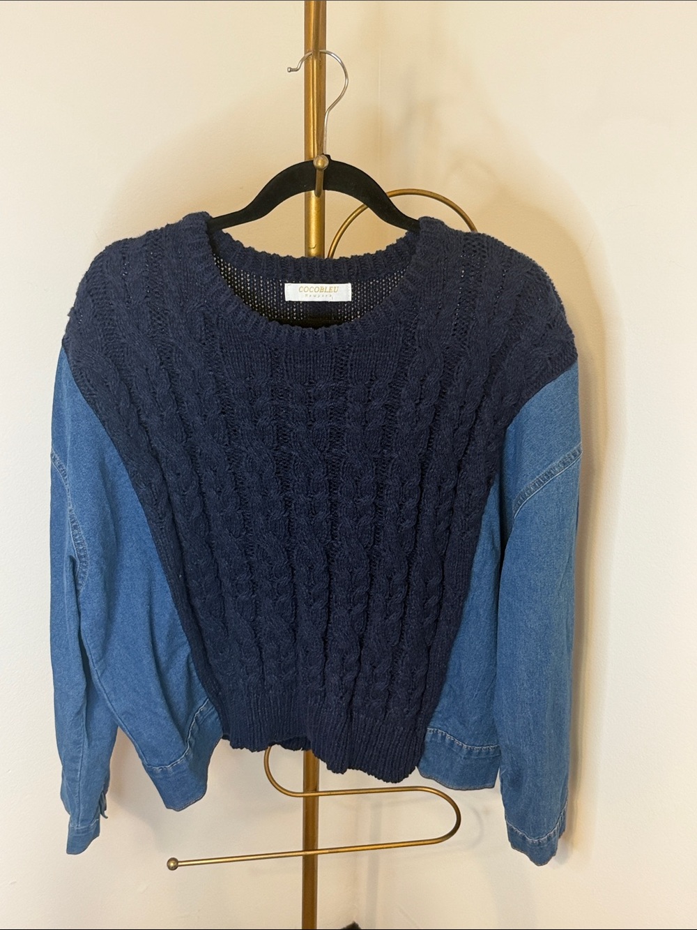 Cocolea Navy Cable-Knit Crewneck Sweater with Denim Sleeves